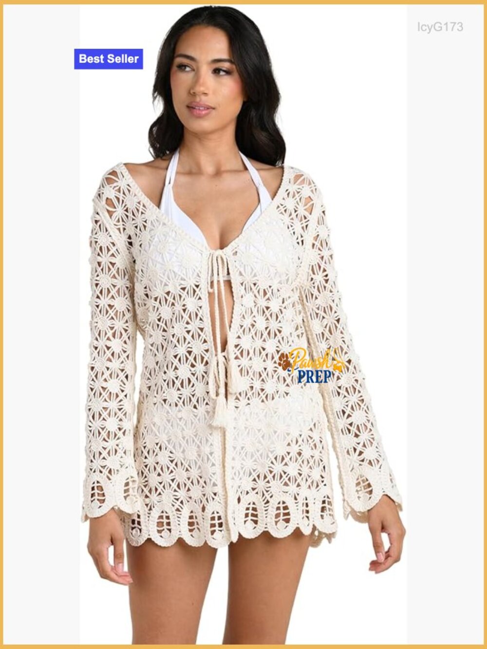 Long Sleeve Kimono Swimsuit Cover Up Flowy Crochet Edge Unlined